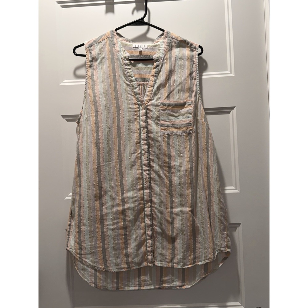 Lila Li Women's Large Striped Sleeveless Button Down Shirt Cotton Metallic Top L